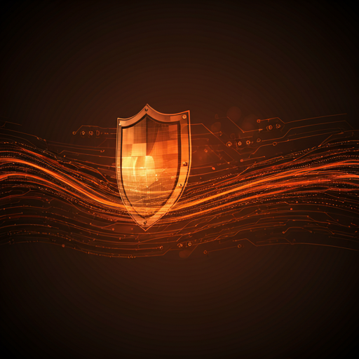 A high-tech digital environment showcasing abstract data waves and security shields in a futuristic corporate aesthetic. The scene is bathed in warm orange and deep chocolate brown light, reflecting the portal's primary color palette. Sharp geometric lines and glowing circuit patterns create a feeling of advanced technology and robust security protocols. The atmosphere is professional, clean, and highly sophisticated, reinforcing trust and safety.